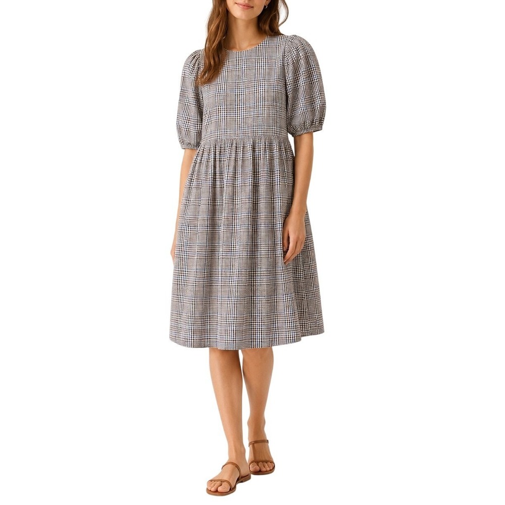 Monki Gingham Puff Sleeve Midi Dress Brown Blue Cottage Prairie 100% Cotton XS